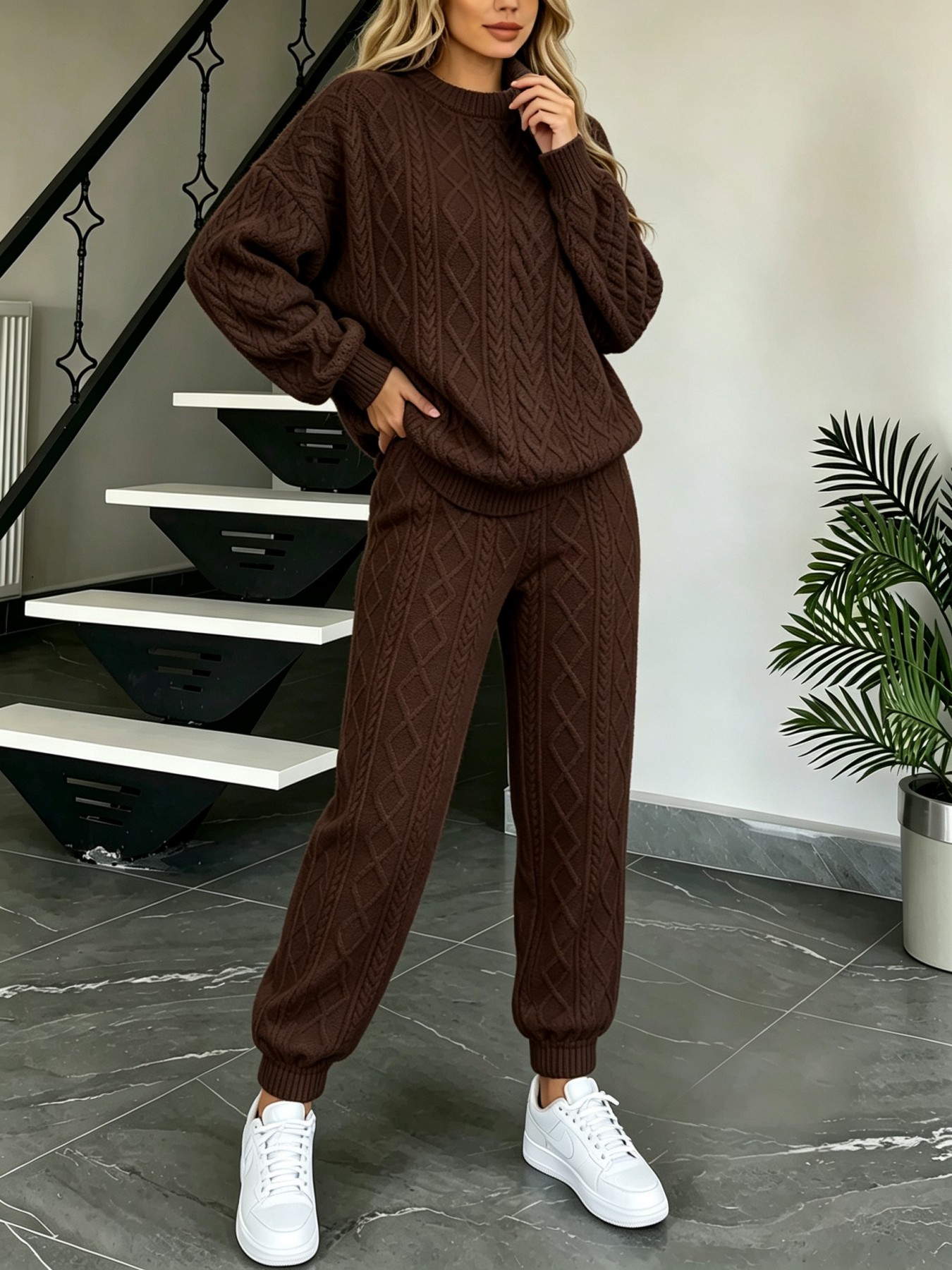 Sleeved Cable Kit - Women Cable Knit 2‑Piece Outfit O‑Neck